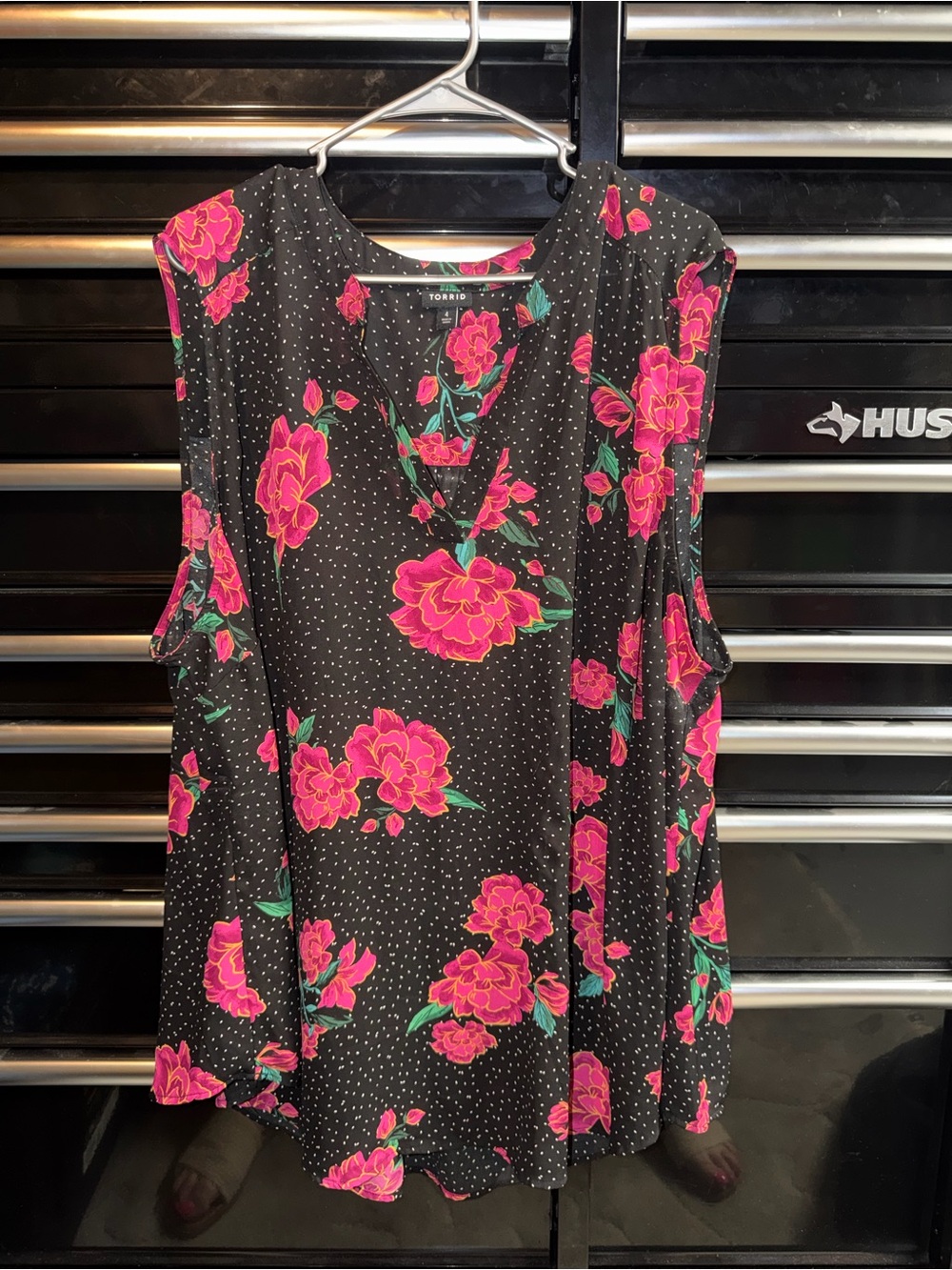 torrid Black Sleeveless V-Neck Top with Hot Pink Floral Print